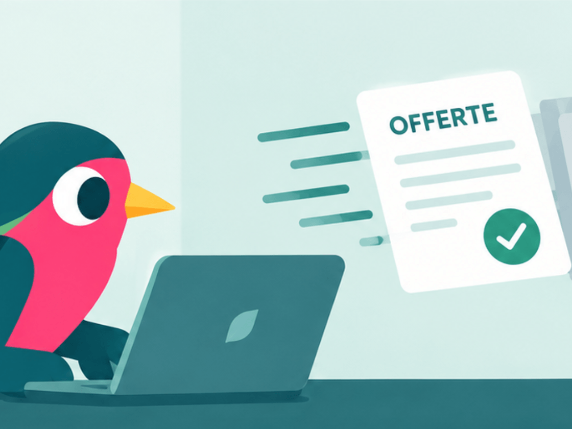 De MiceBird-vogel stelt achter een laptop een offerte op, die met een groen vinkje wegvliegt