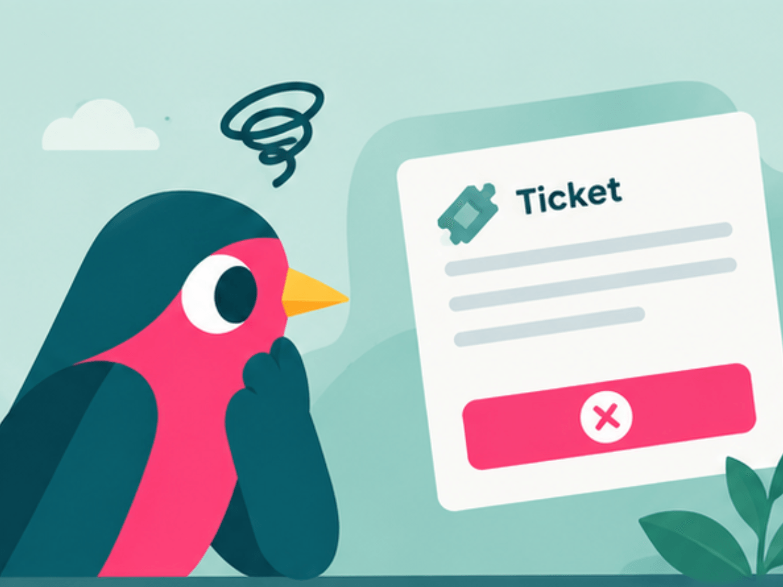 Een bedenkelijke MiceBird-vogel kijkt naar een ticketformulier waarvan de betaalknop een rood kruis toont